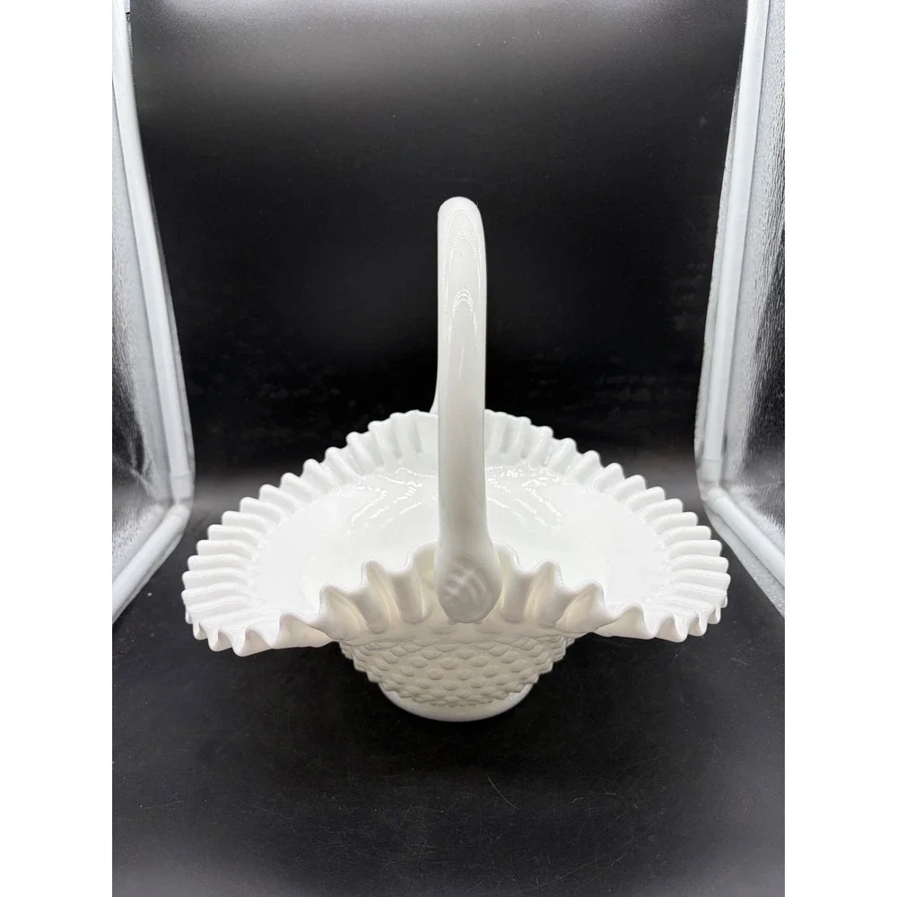 Vintage Fenton White Milk Glass Hobnail Ruffled Basket with Handle 10 Inch